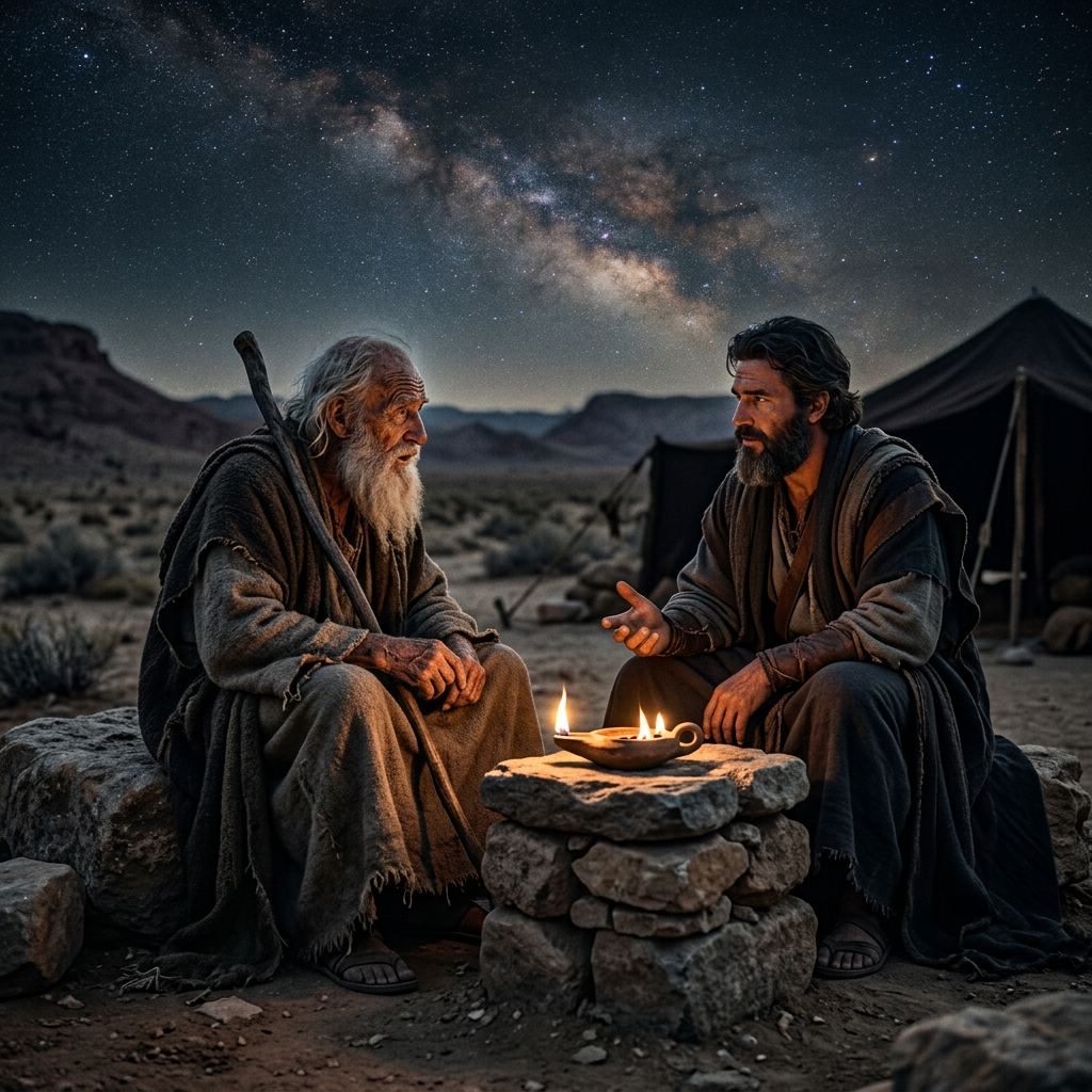 Ilustração cinematográfica de um encontro entre os patriarcas Noé e Abraão sob um céu estrelado