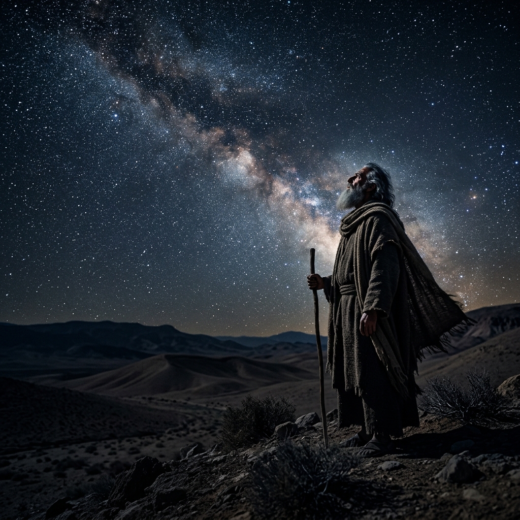 Abraão contemplando as estrelas sob a vastidão do céu noturno, símbolo da promessa inumerável